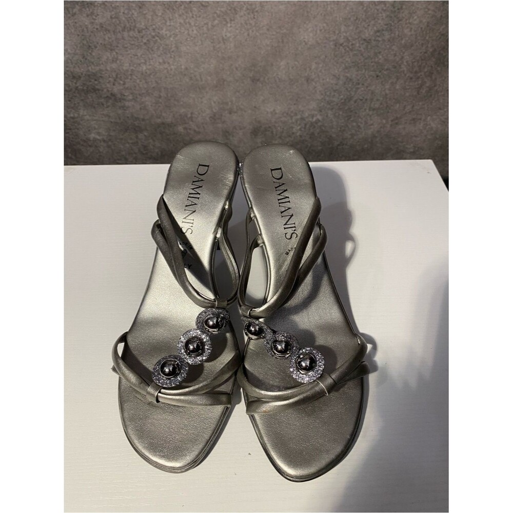 DAMIANI'S Metallic Silver Strappy Beaded Kitten Heel Mules - Made in Italy SZ 9